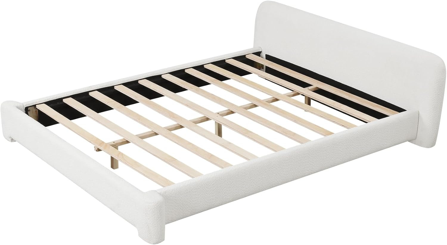 King Size Boucle Upholstered Bedframe - No Box Spring Needed, White