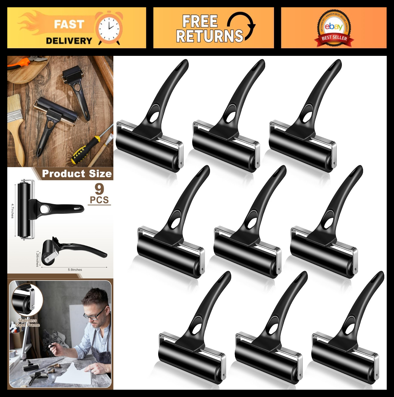 9 Pcs Rubber Roller Set - 4.7" Brayer Ink Rollers for Crafting, Printing & Stamp