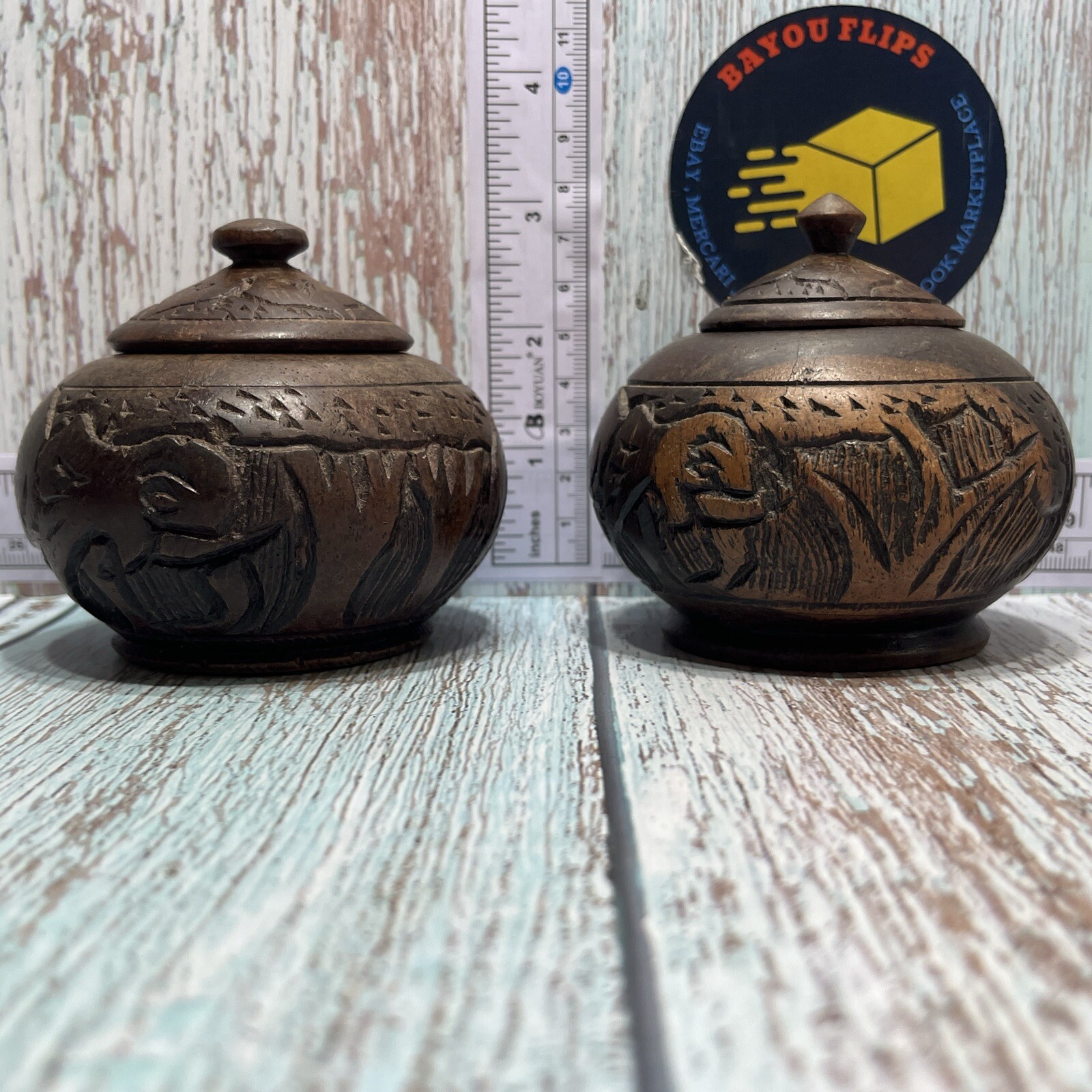 2 Handmade African Wooden Spice Jars 3” Bowl w/Lid.Trinket.