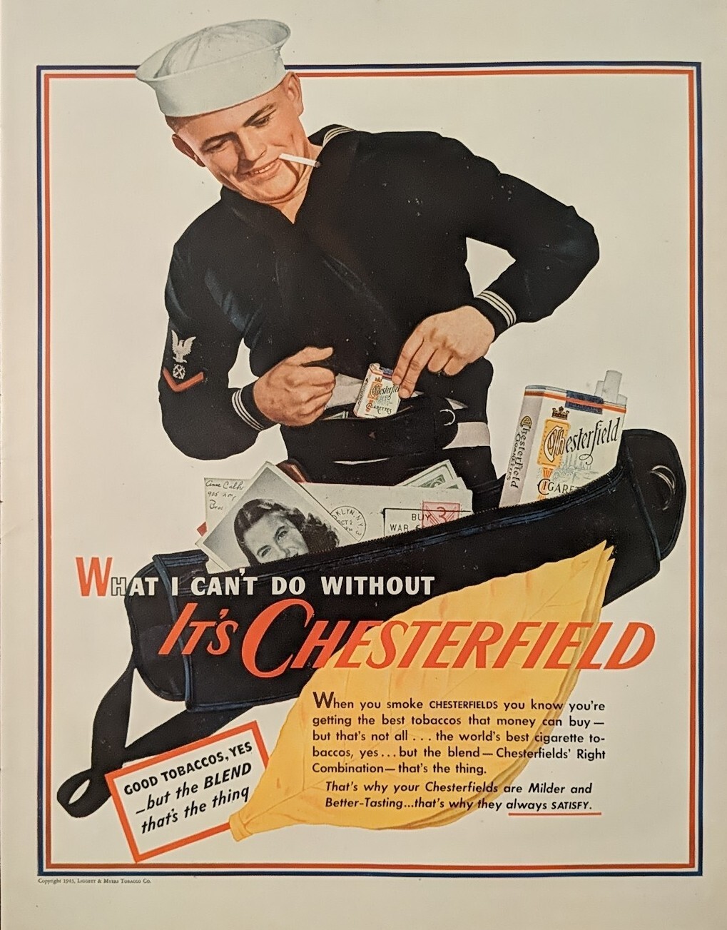 1943 vintage WW2 Navy Sailor Chesterfield Print Ad Received Mail From Home