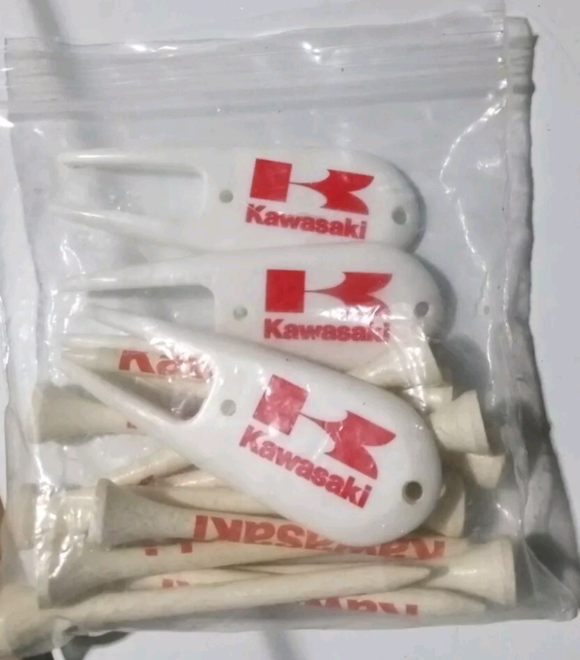 12 Wooden Kawasaki Golf T's & 3 Divot Tools