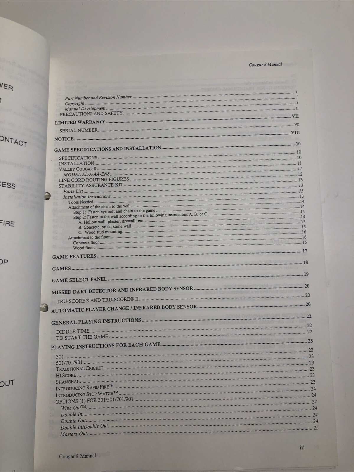 VALLEY COUGAR 8 DARTS MANUAL ARCADE Wiring