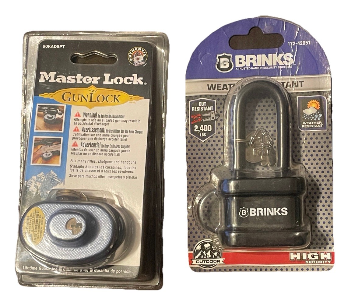 (1) Master Lock Gun Lock- 90KADSPT (1) Brinks Padlock High Security, Outdoor LOT