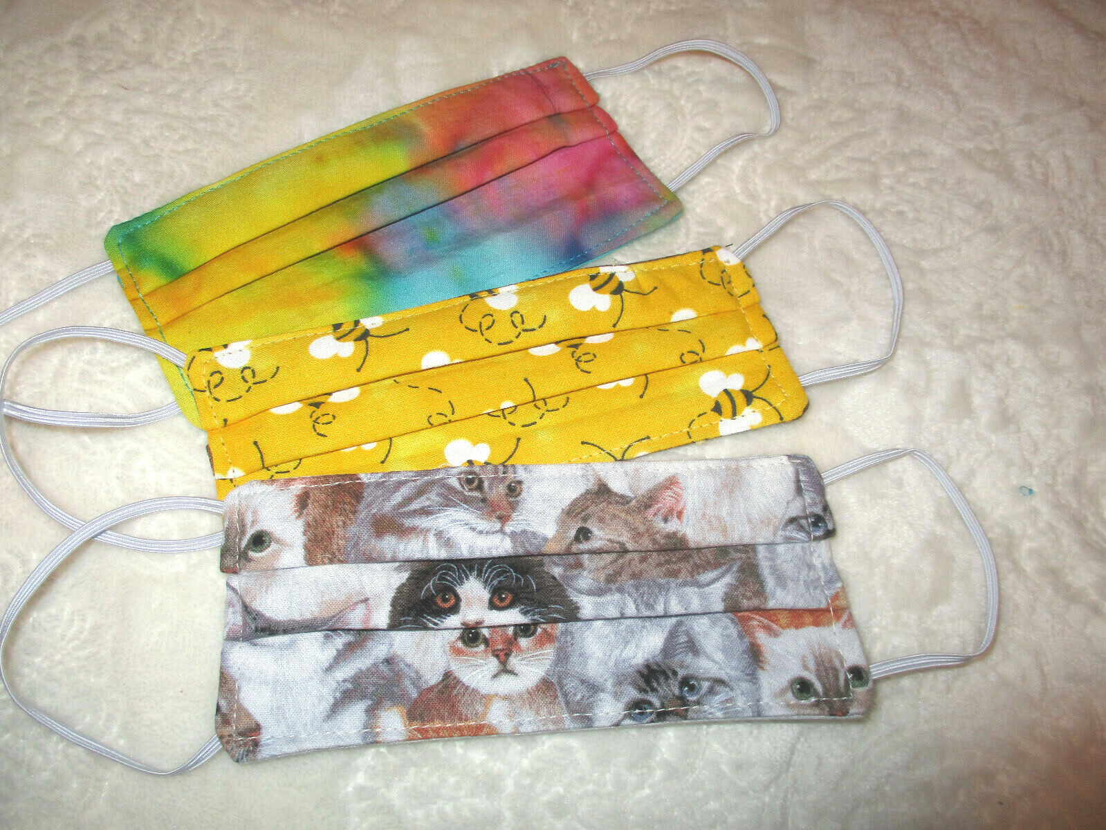 FACE MASKS~Children's Size~3 qty.~Cats~Bees~Tie Dye~Handmade~NEW