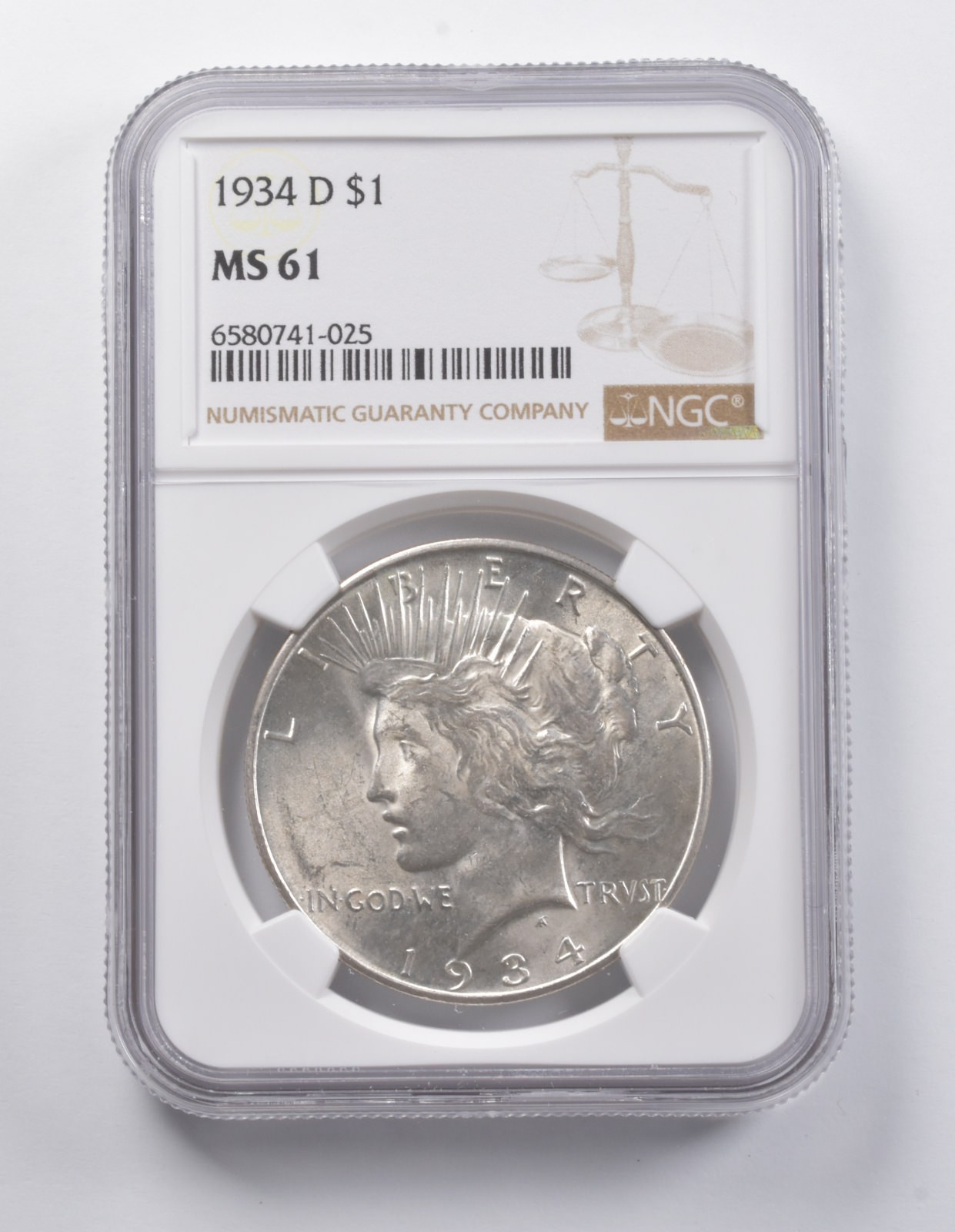MS61 1934-D Peace Silver Dollar NGC *6954