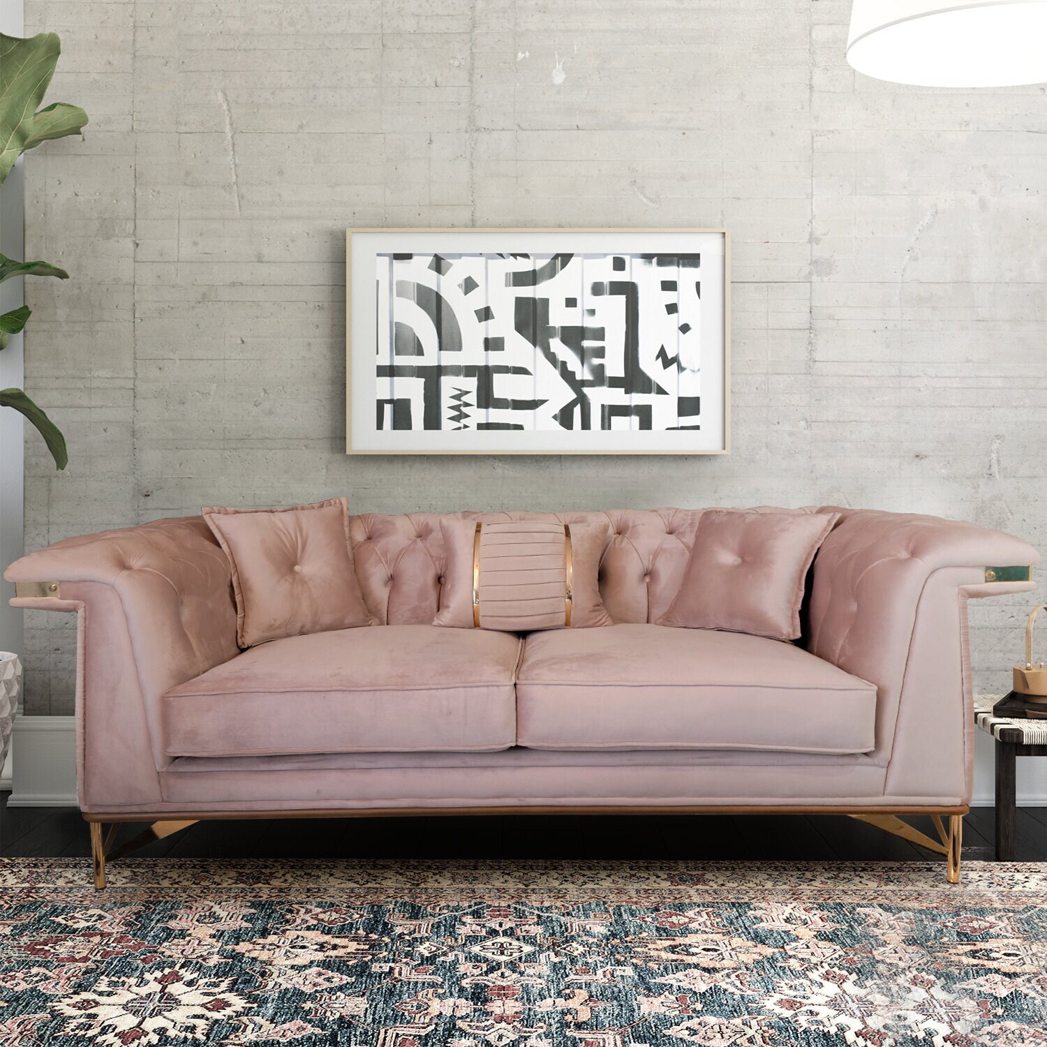 Un azalée, 87'' Rolled Arm Sofa, Light Rose Velvet, Wood Trim, Golden Metal