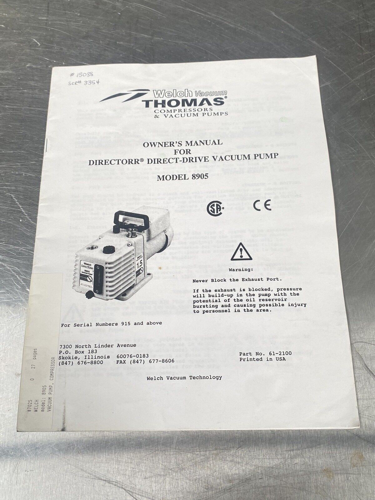Welch Vaccum Pump Directorr Direct-Drive 8905 - Users Manual/Instructions Book