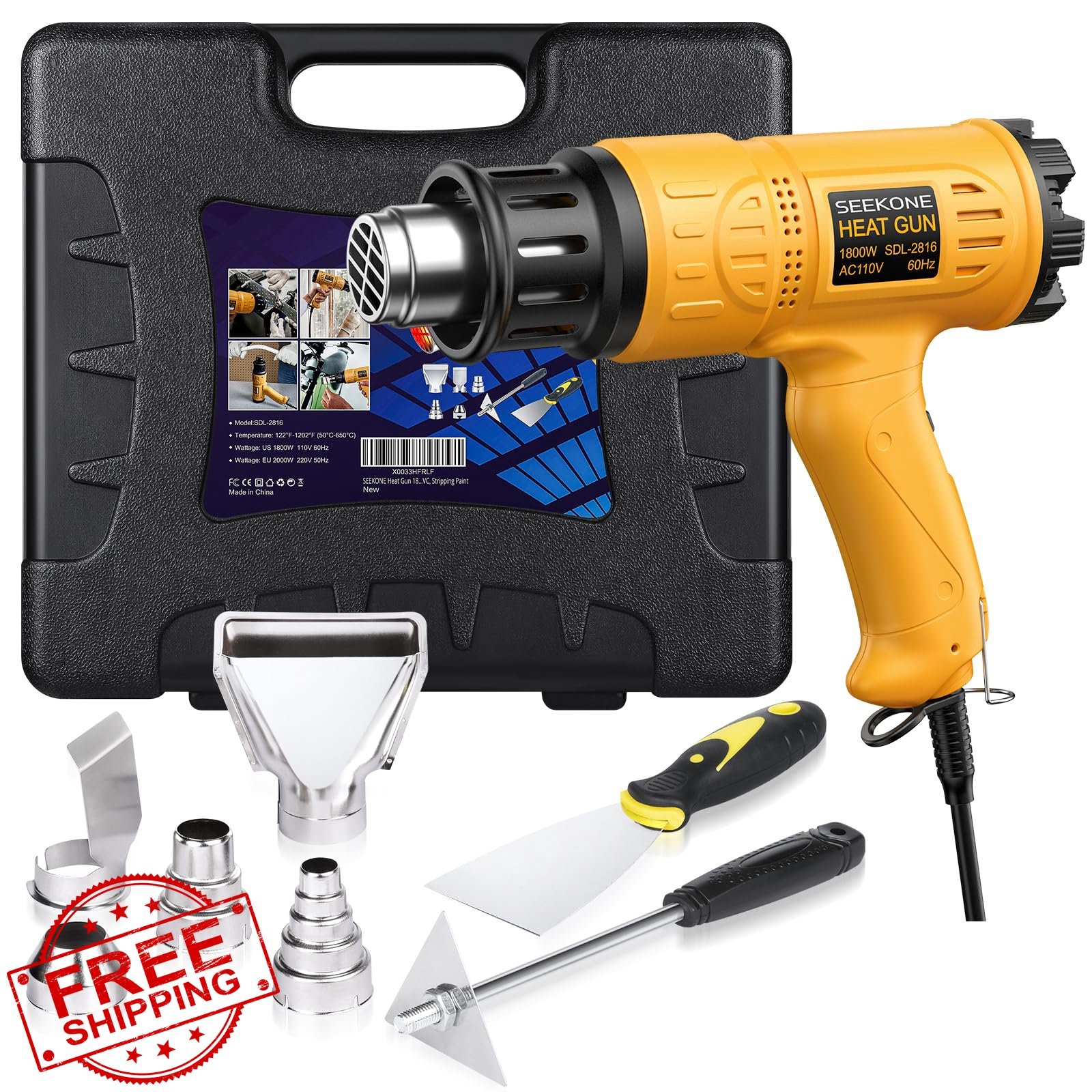 SEEKONE Heat Gun 1800W Variable Temp 50-600℃ 4 Nozzles Case