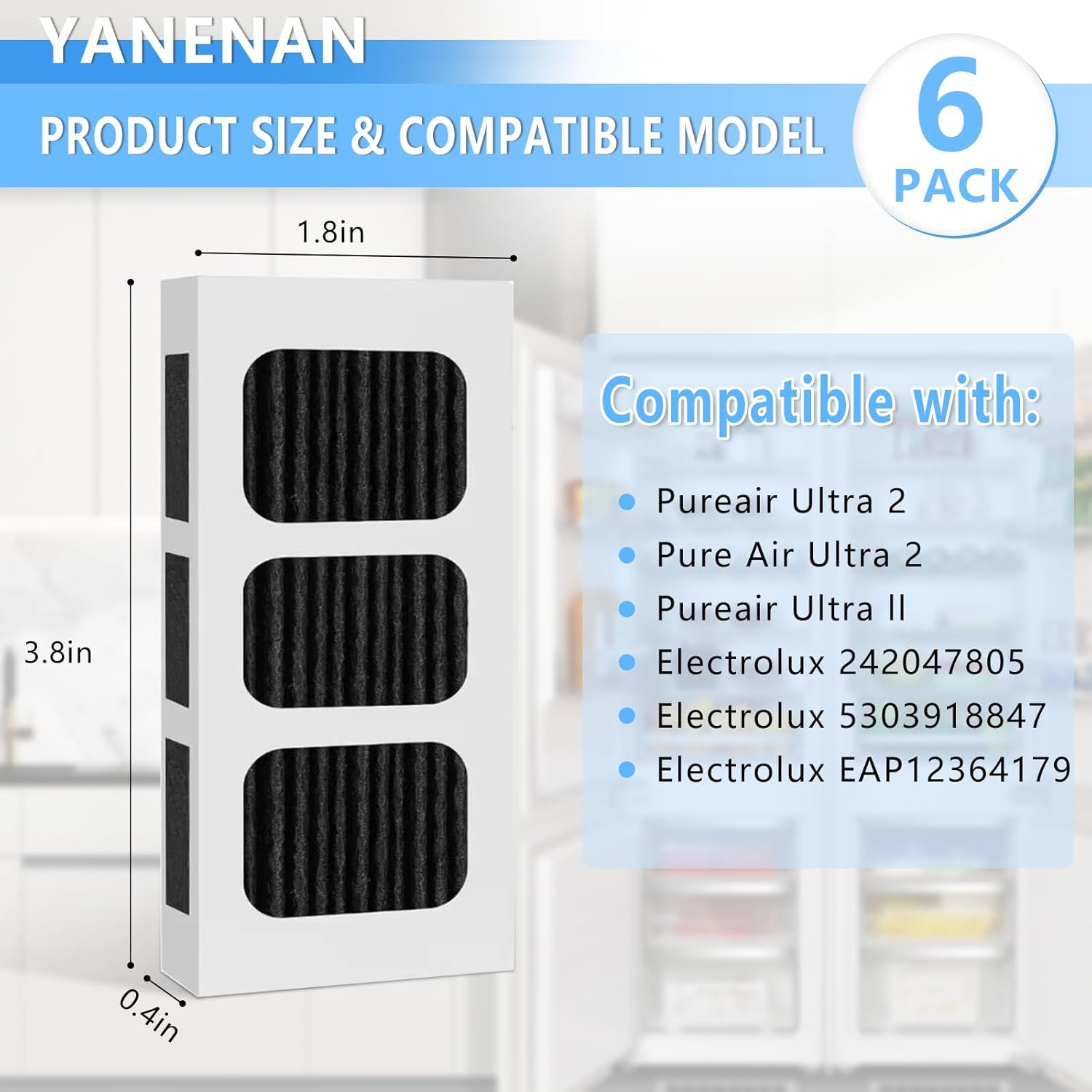 6 PACK Refrigerator Air Filter Replacement, Carbon Activated Filter for Paultra2