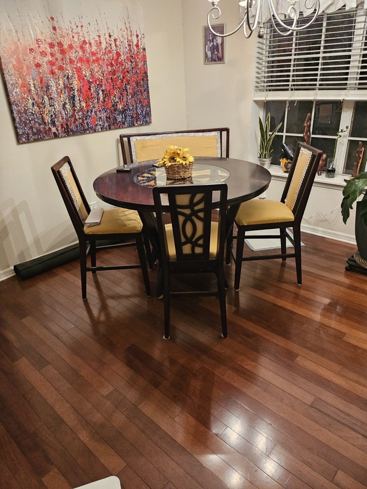 Round Wooden Dining Table Set with 3 Padded Chairs & 2 Seater Bench