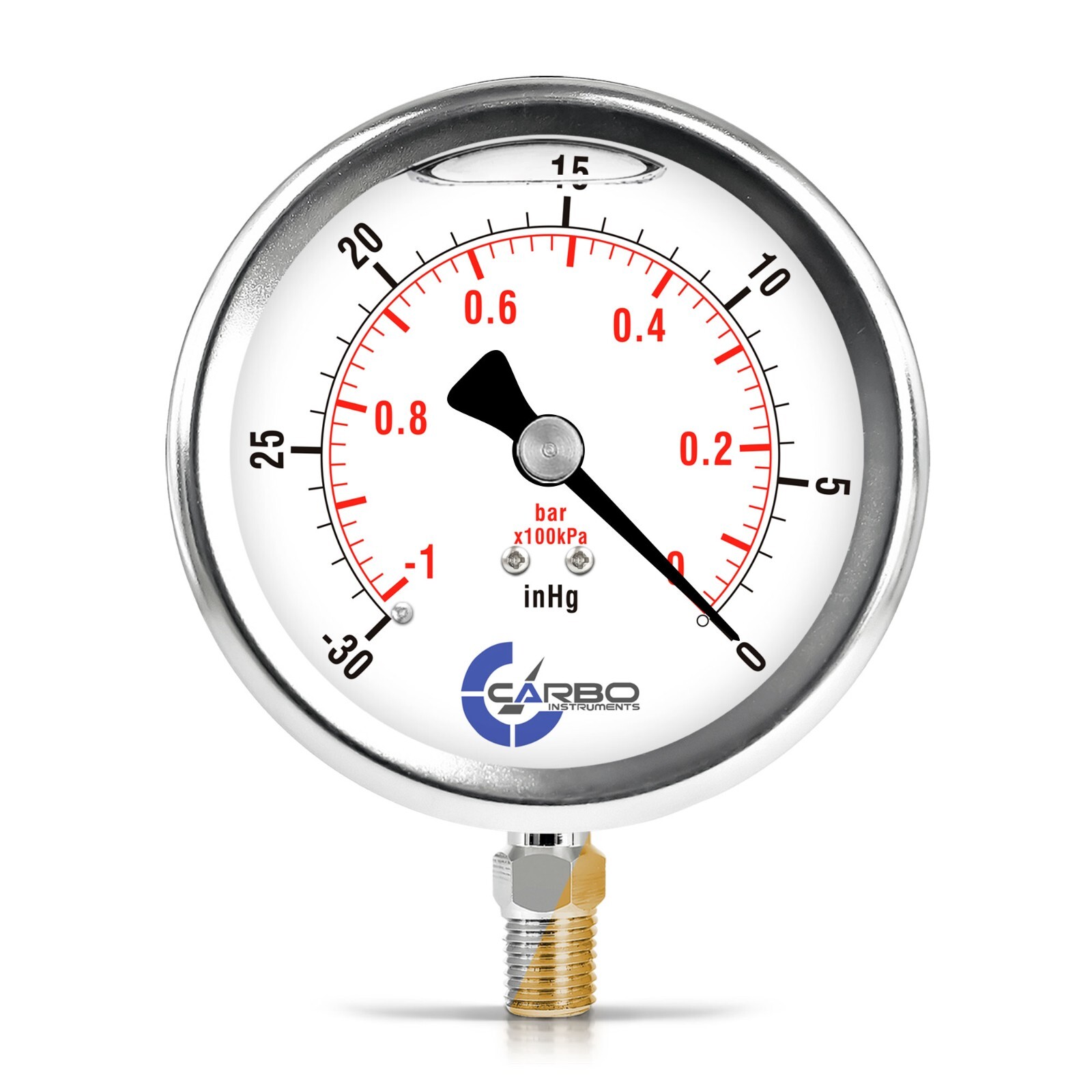 4" Vacuum Gauge, Stainless Steel Case, Liquid Filled, Lower Mnt -30 Hg/0