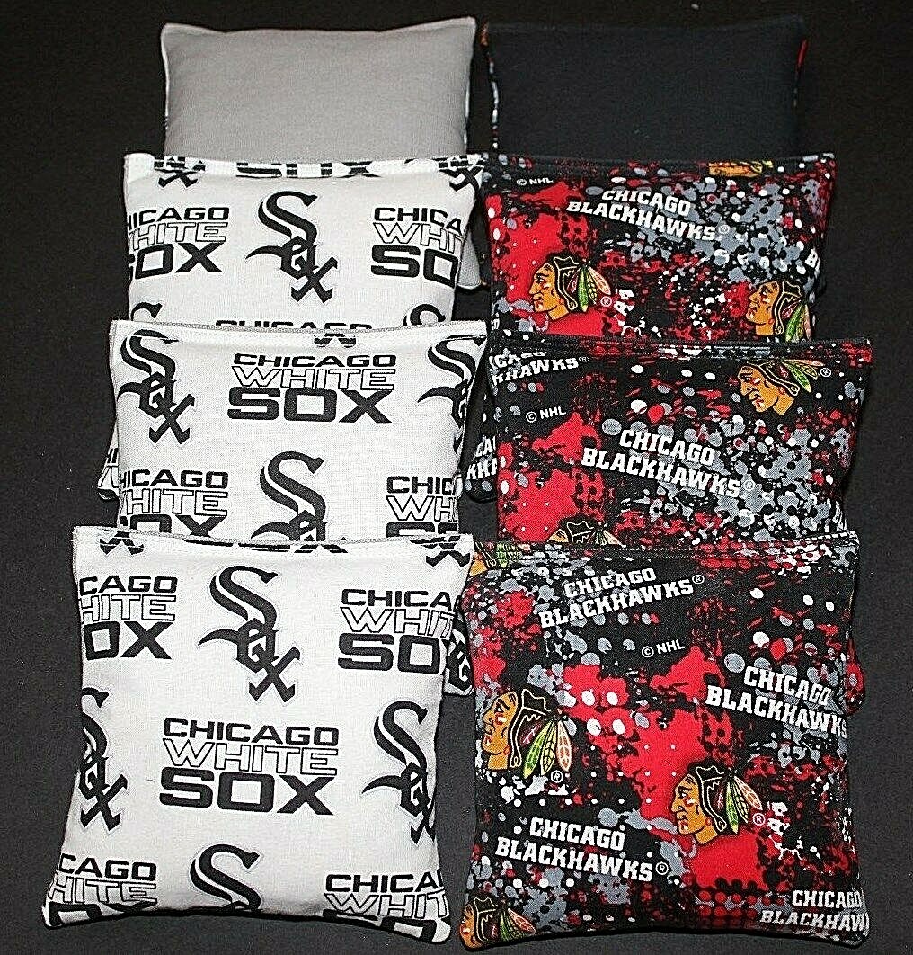 8 CORNHOLE BEANBAGS made w CHICAGO BLACKHAWKS & WHITE SOX Fabrics ACA Reg Bags