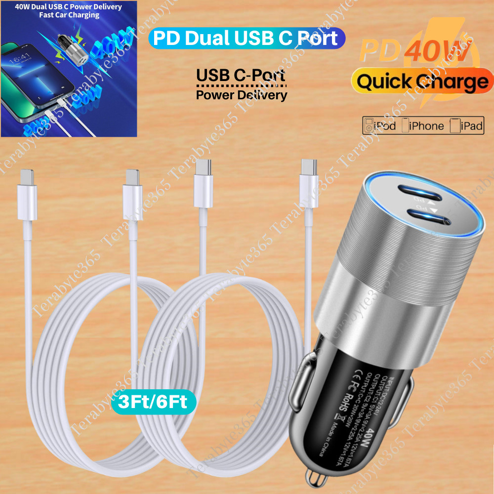 PD Fast 40W Car Charger Dual Type C Adapter For iPhone 14 13 12 11 Pro Max Cable