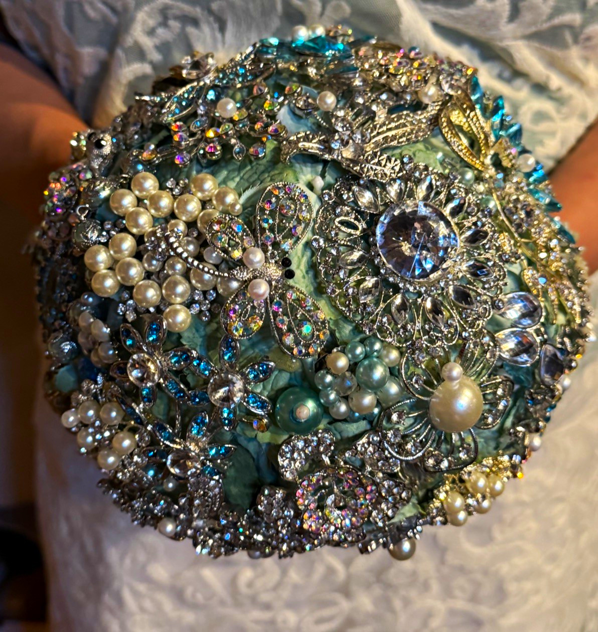 Artificial Blue Hydrangea Brooch Wedding Bouquet Rhinestones Pearls 8x7 in