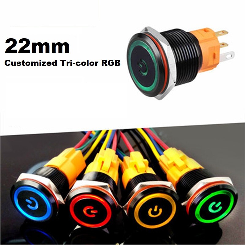 22mm Tri-color LED Ring LED +Power sign  Aluminum Oxide Black Push button Switch