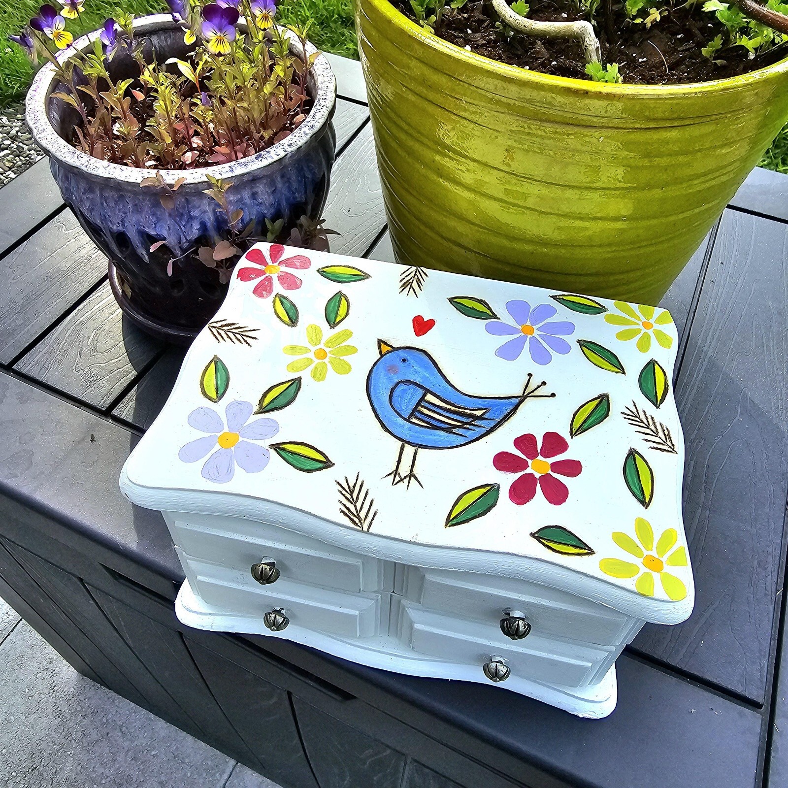 Upcycled Wood Burned and painted Jewelry Box. Unique gift idea