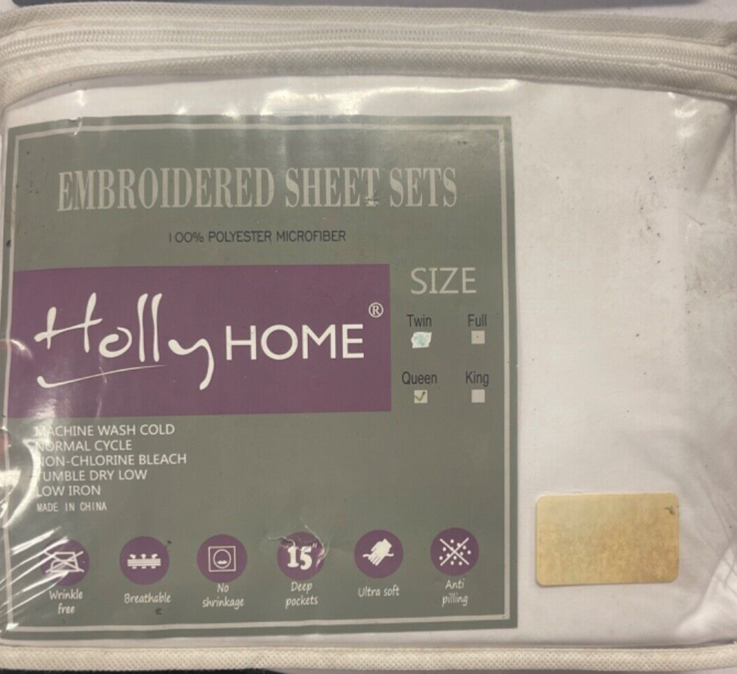 Holly home White 4 PCS Queen Size Embroidered Sheet Set