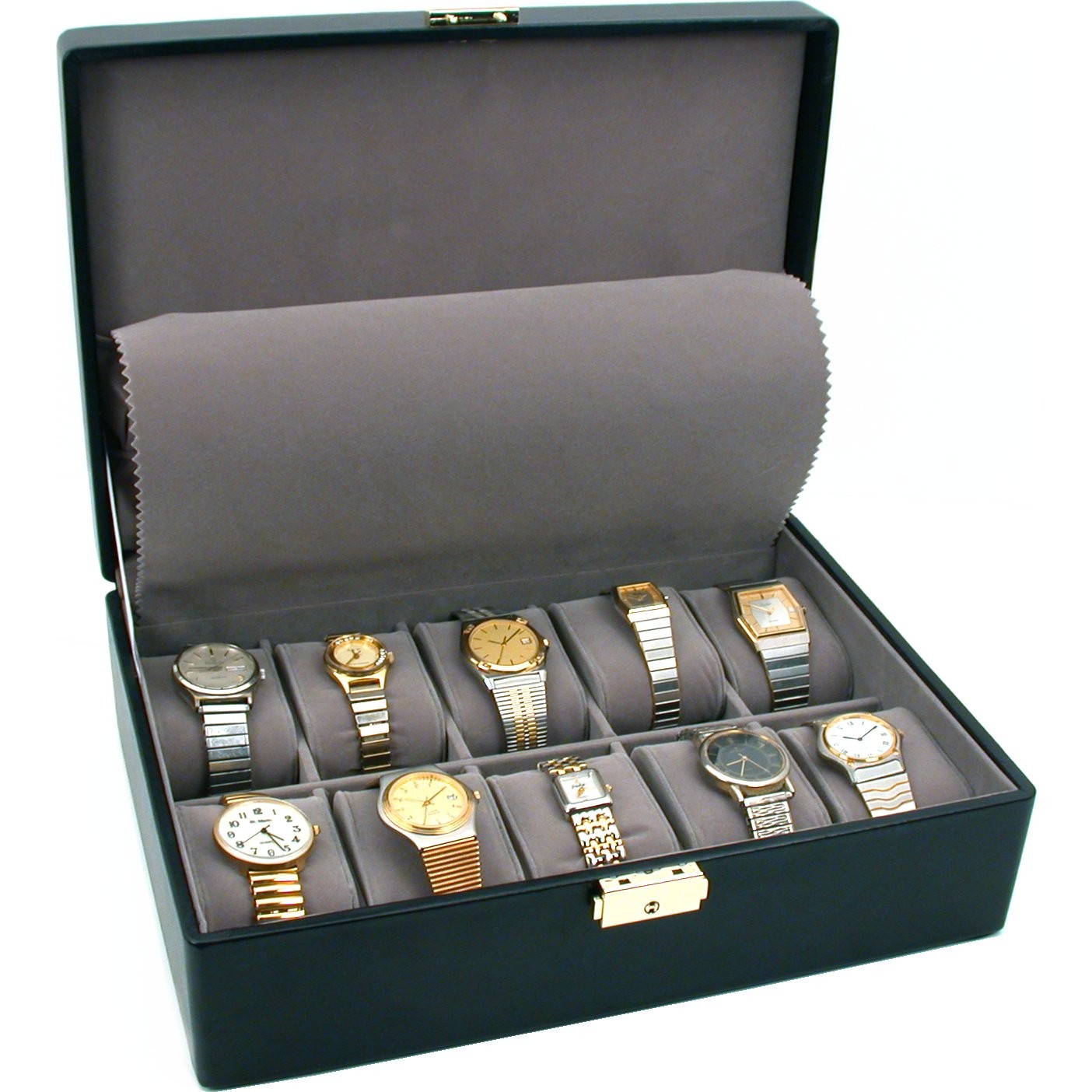 Black Faux Leather 10 Watch Jewelry Display Case Storage Box 11 5/8" x 8"