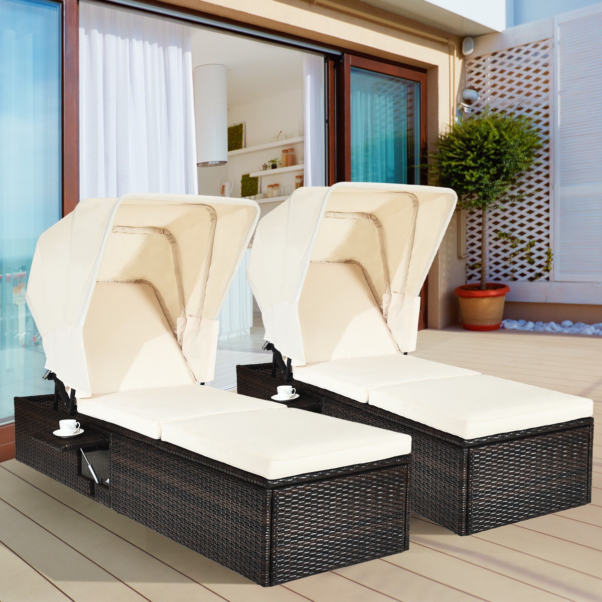 2 Pieces Patio Rattan Lounge Chair Chaise Cushioned Top Canopy Adjustable Pool