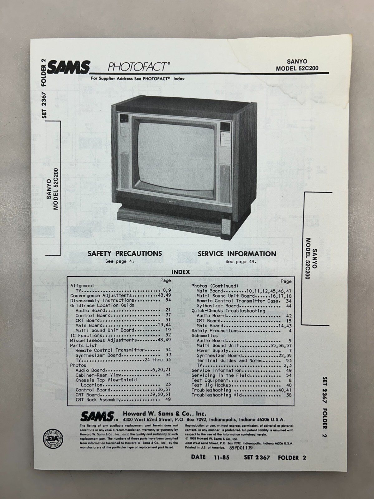 Sanyo 52C200 Service Manual Sams Photofact Free Shipping