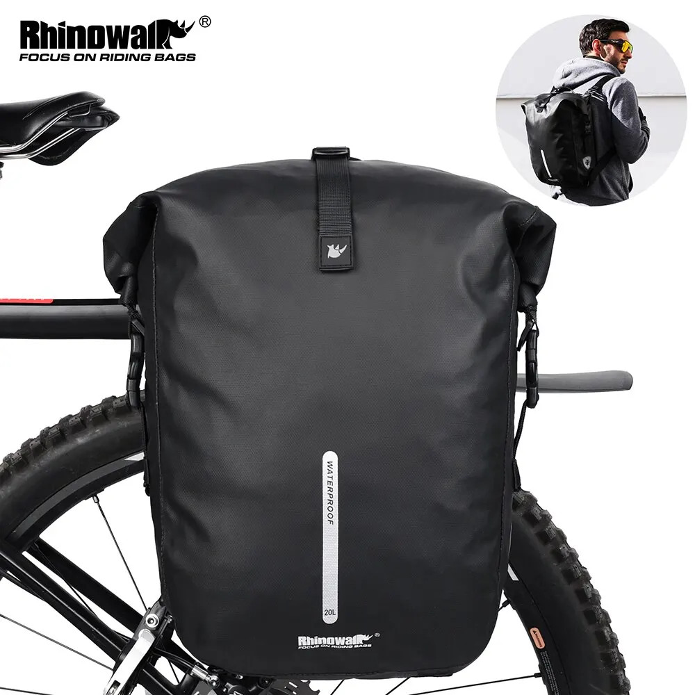 Rhinowalk Bike Pannier Bag 20L Waterproof Rear Rack Black Travel Cycling Bag