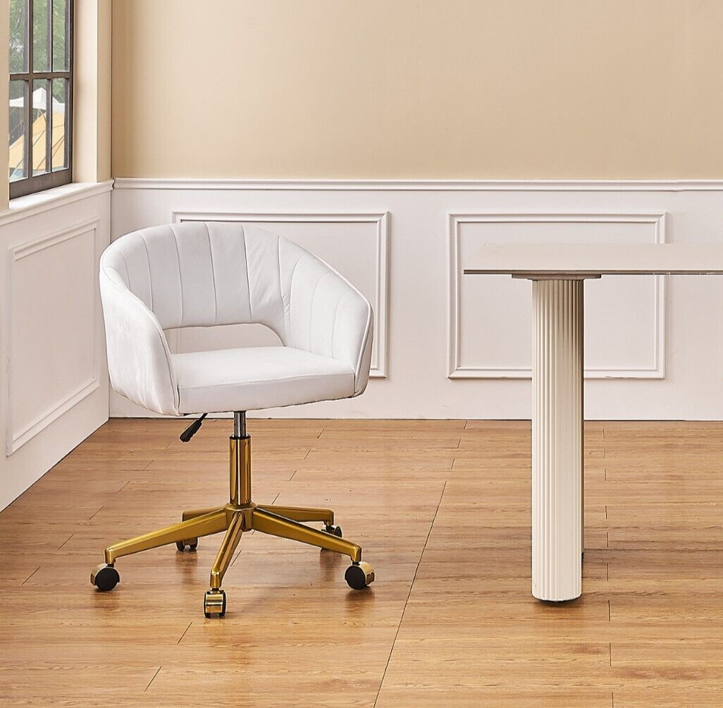 Velvet Accent Chair Height Adjustable Swivel Stools with Gold Metal Base White