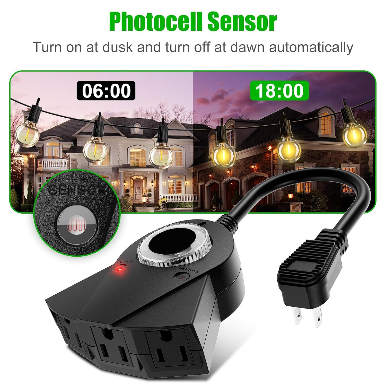 Outdoor Light Sensor Timer, 24 Hours Heavy Duty Waterproof Outlet Timer with 2,