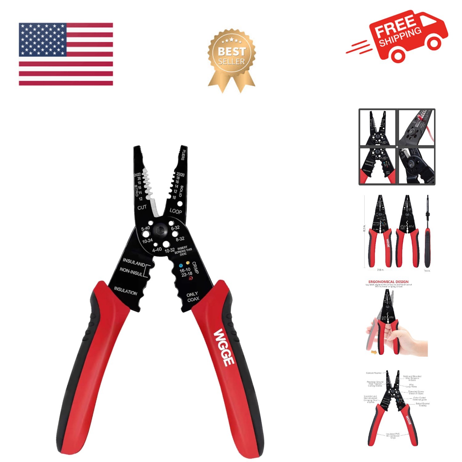 WG-015 Professional 8-inch Wire Stripper/Crimping Tool, Cable Cutter/Crimper,...