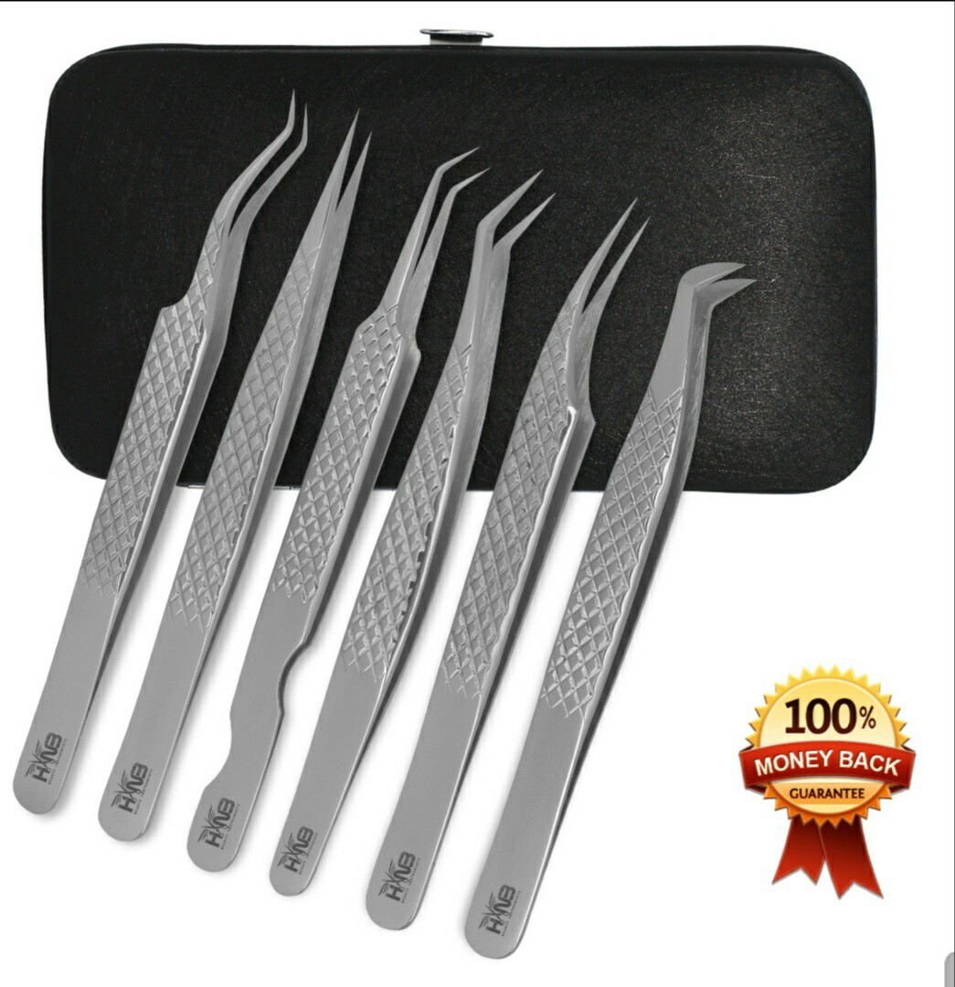 Professional Silver Eyelash Extension Tweezers set of 6 in a Magnetic Case
