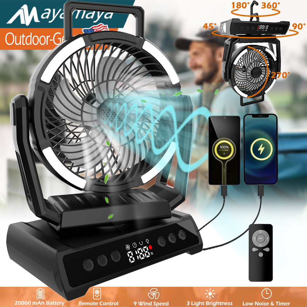 20000mAh Camping Tent Fan w/LED Light Rechargeable for Fishing Travel Emergency