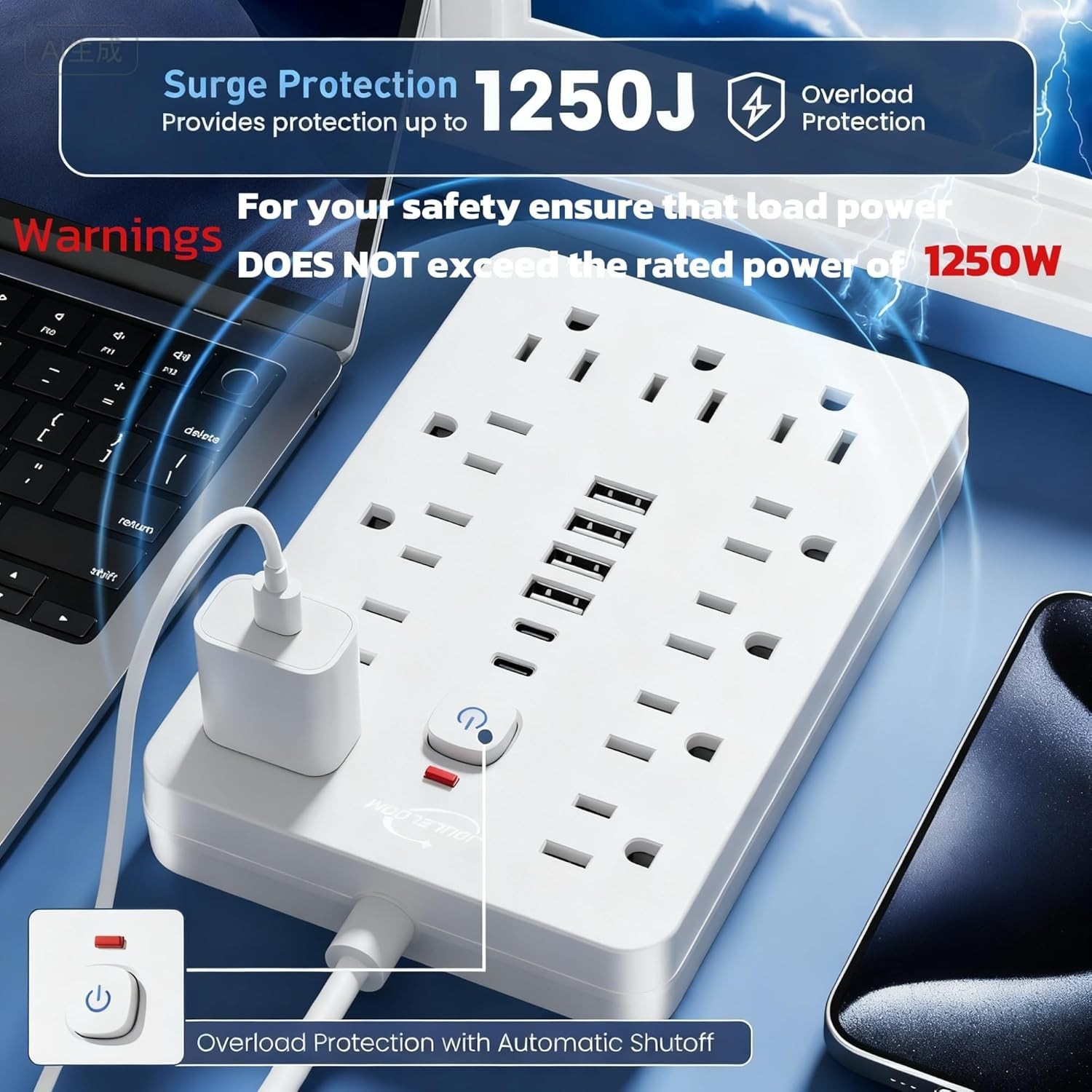 Regleta 10ft protector sobretension 11 enchufes 6 USB Carga rapida 1250W 10A