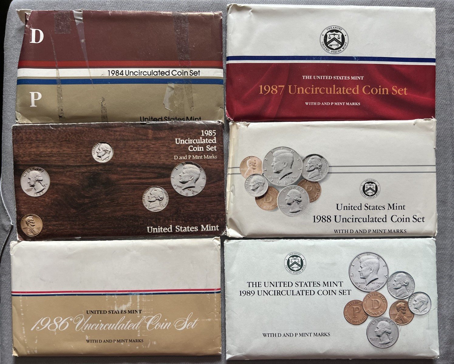 Lot of 6 US Mint Coin Sets D&P 1984-1989 Uncirculated Orig. Gov’t Packaging OGP