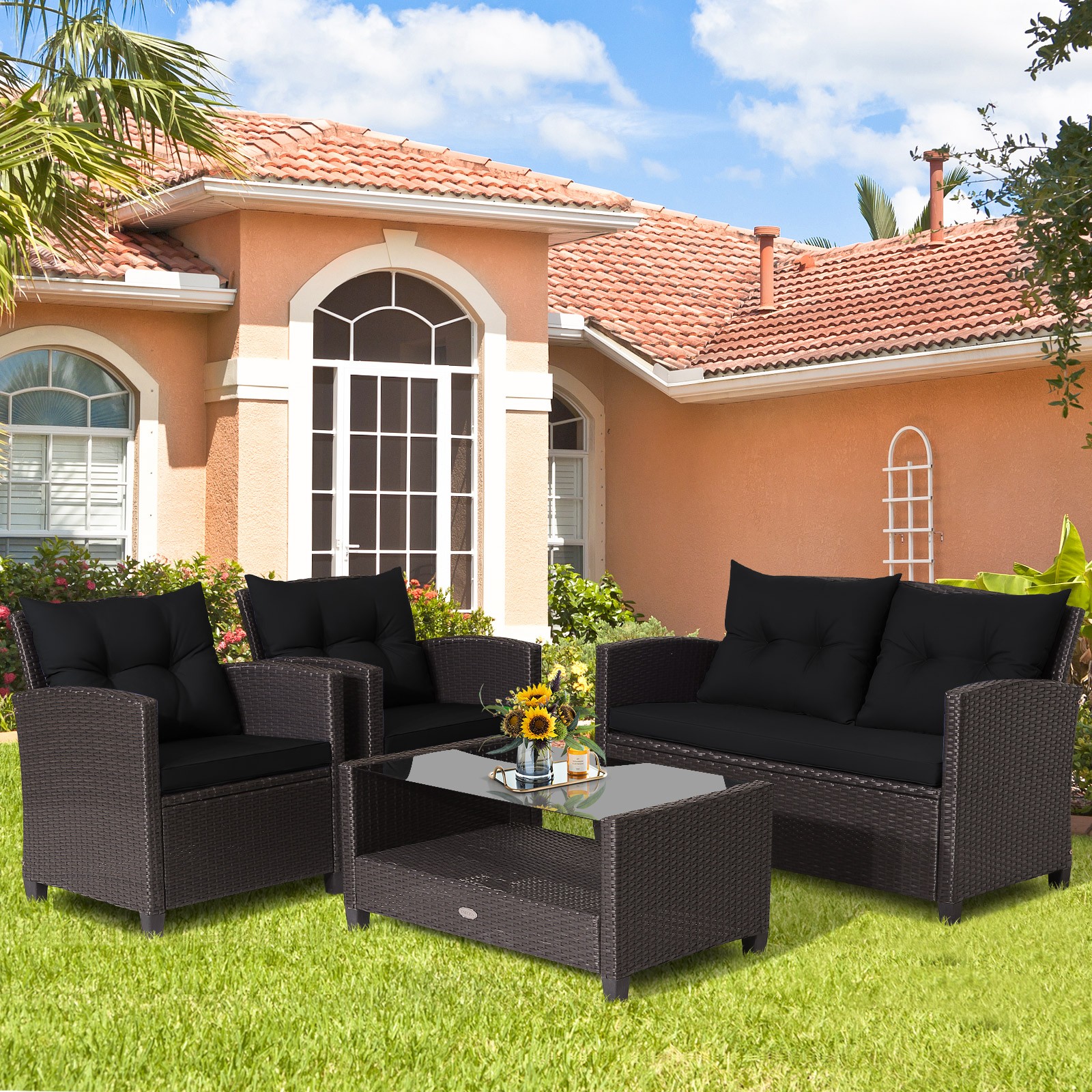 8 PCS Patio Rattan Furniture Set w/ Ergonomic Armrests & Soft Back Cushions