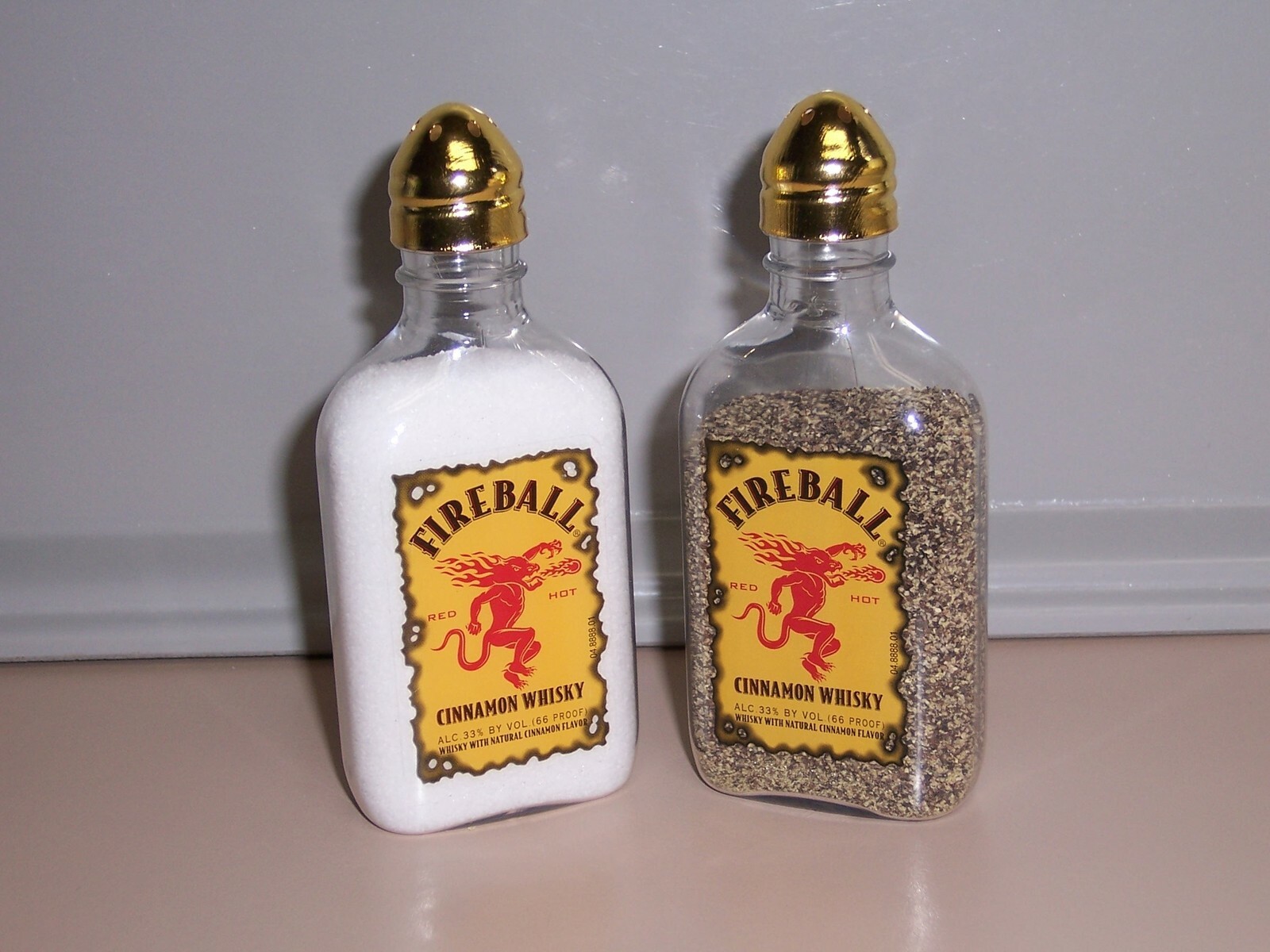 FIREBALL Whiskey Salt & Pepper Shakers from Repurposed 50ml Plastic Bottles * 4"
