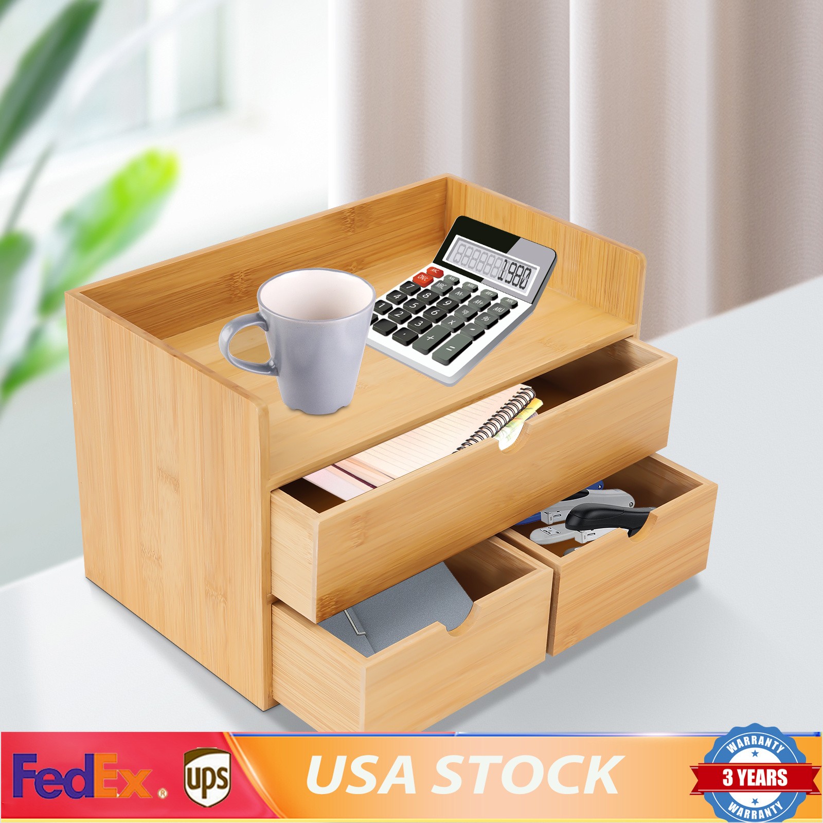 Bamboo Desk Organizer with 3 Drawers Tabletop Cosmetic Storage Simple Design NEW