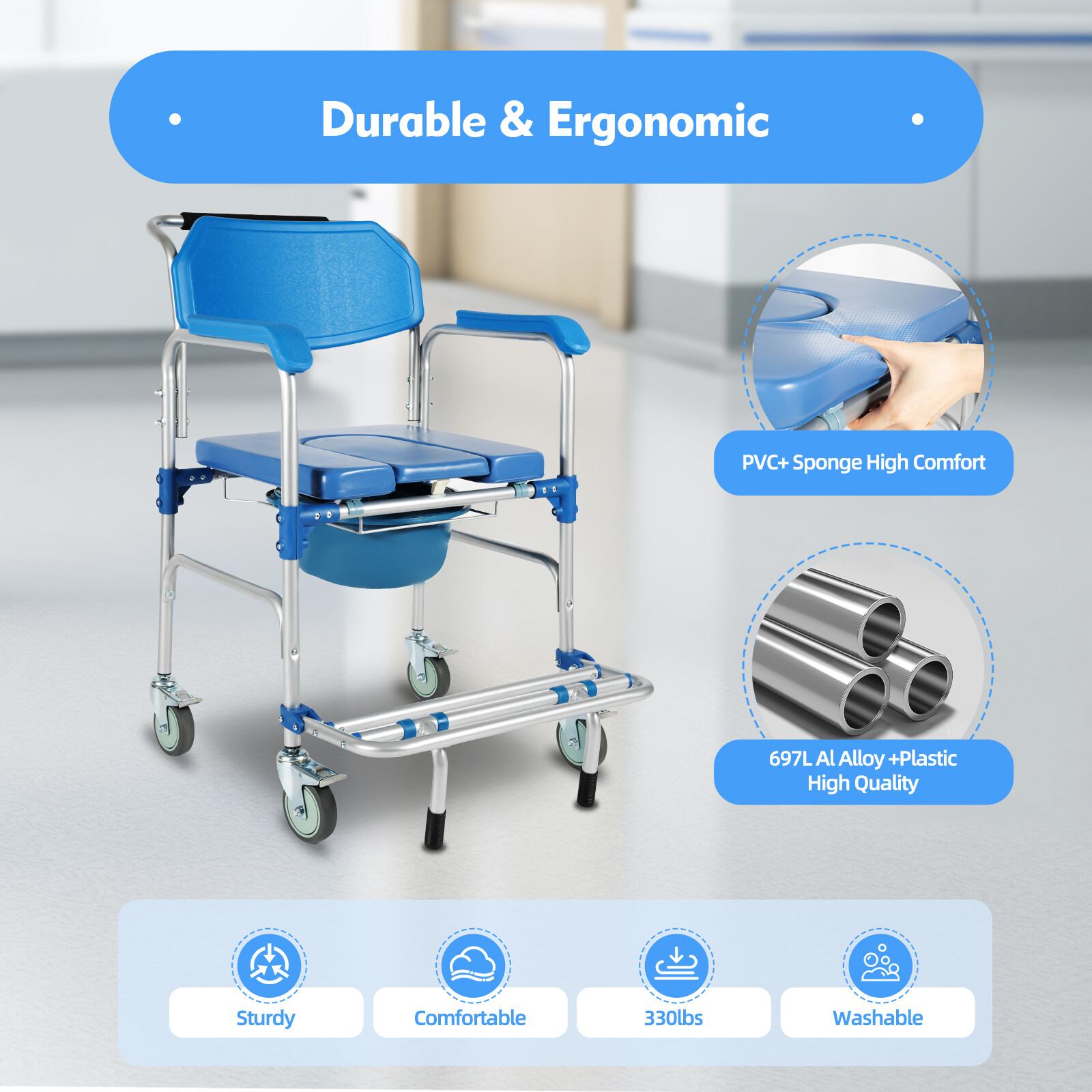 Commode Wheelchair Assist 350LBS Mobility Medical Transport Rolling Shower Chair
