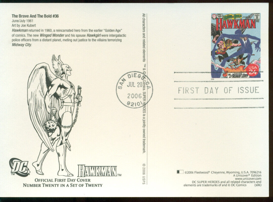 2006 First Day of Issue - Postal Card honoring Hawkman - Fleetwood