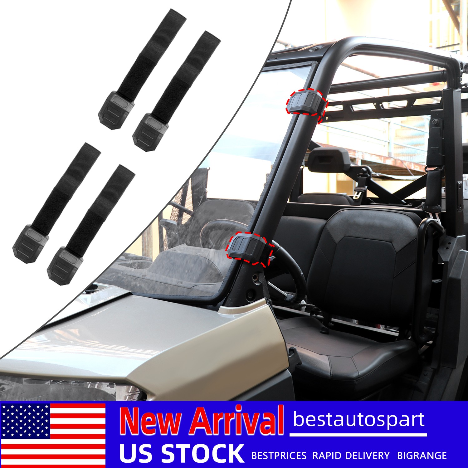 Front Windshield Mount Clamps Straps Kit Black For Polaris Ranger RZR Yamaha X4