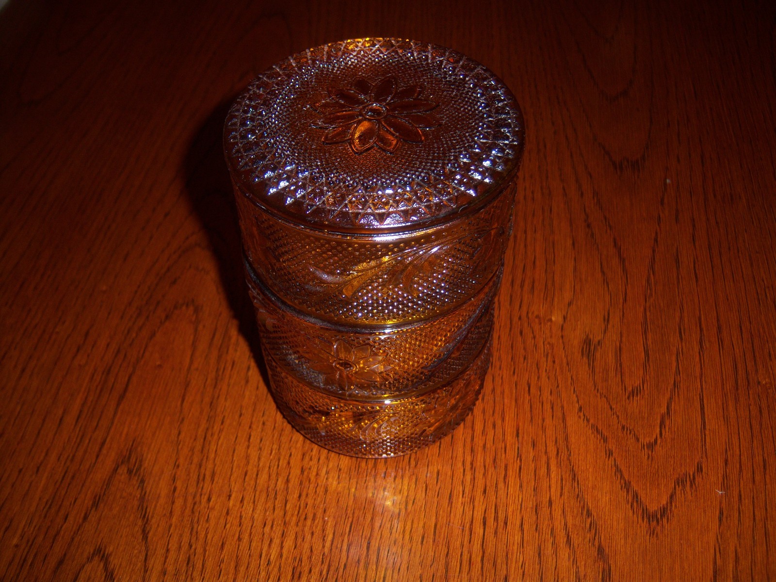 VTG Tiara AMBER TIER SANDWICH STACKING INDIANA Glass Trinket Vanity Dishes w/LID
