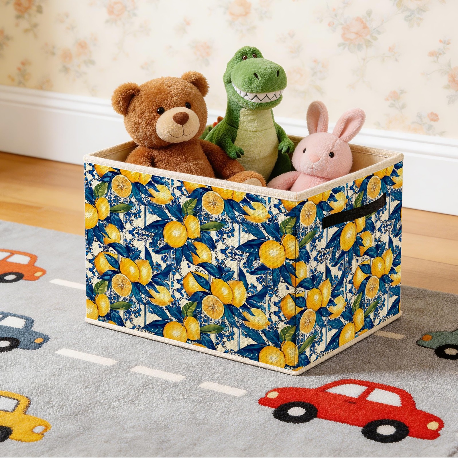 Navy Blue Lemon Storage Bin Box, Italian Mediterranean Summer Lemon Fruit Bot...