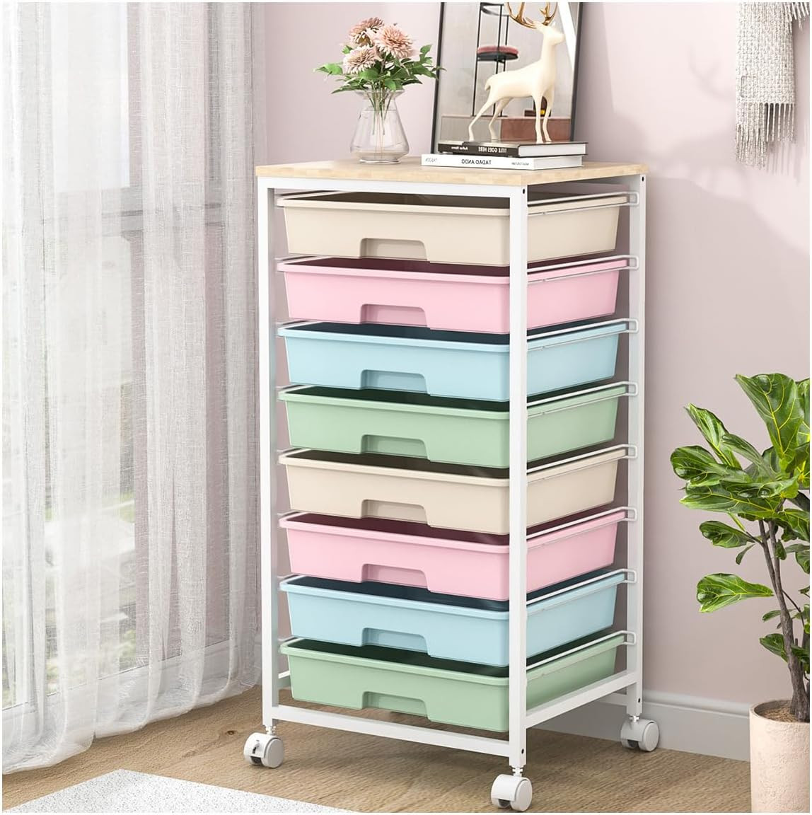 Rolling Storage Cart with Drawers,Utility Cart with 8 Drawers and Wooden Tableto