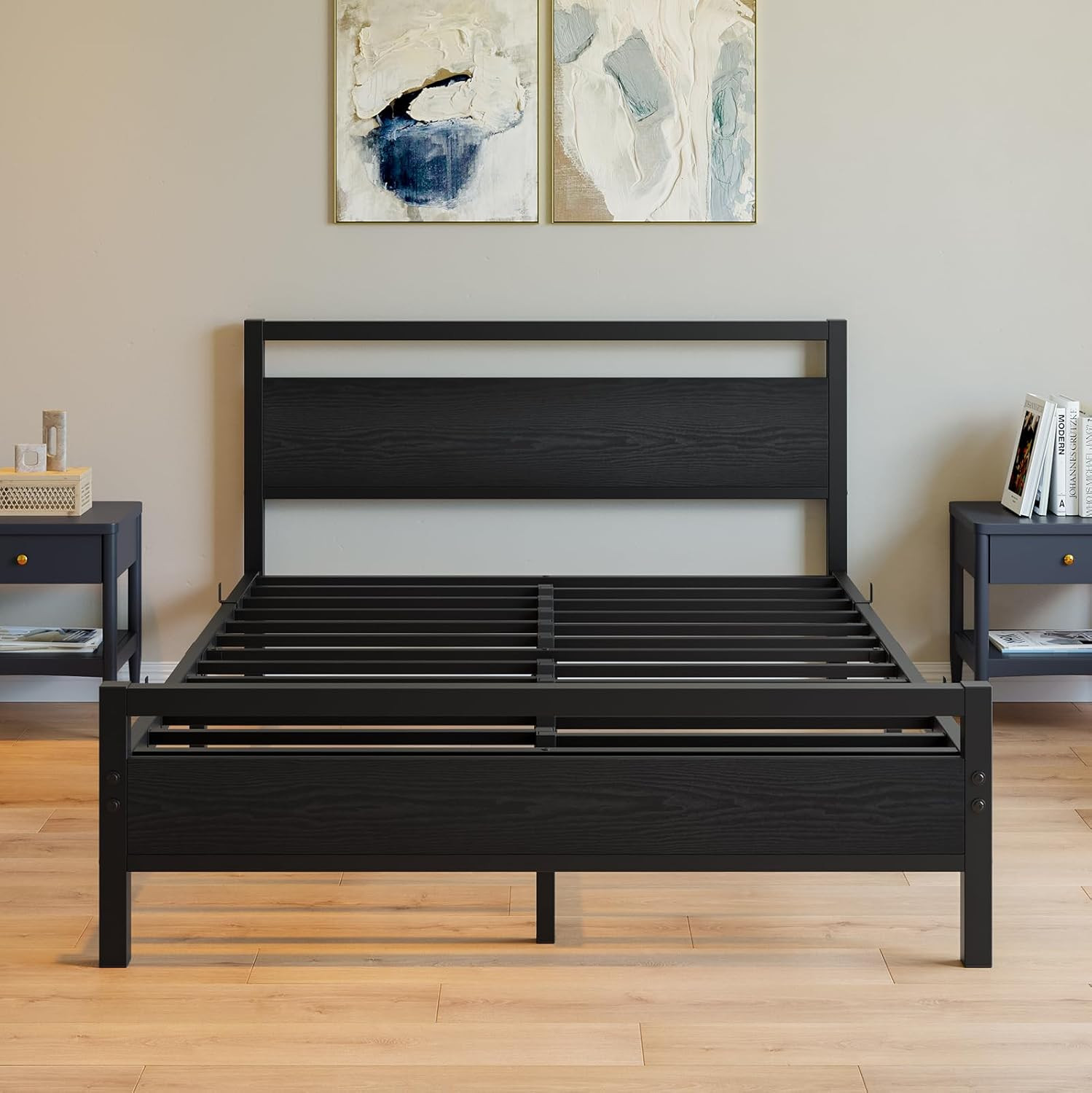Heavy Duty Full Size Bed Frame with Wood Headboard & Storage, Black
