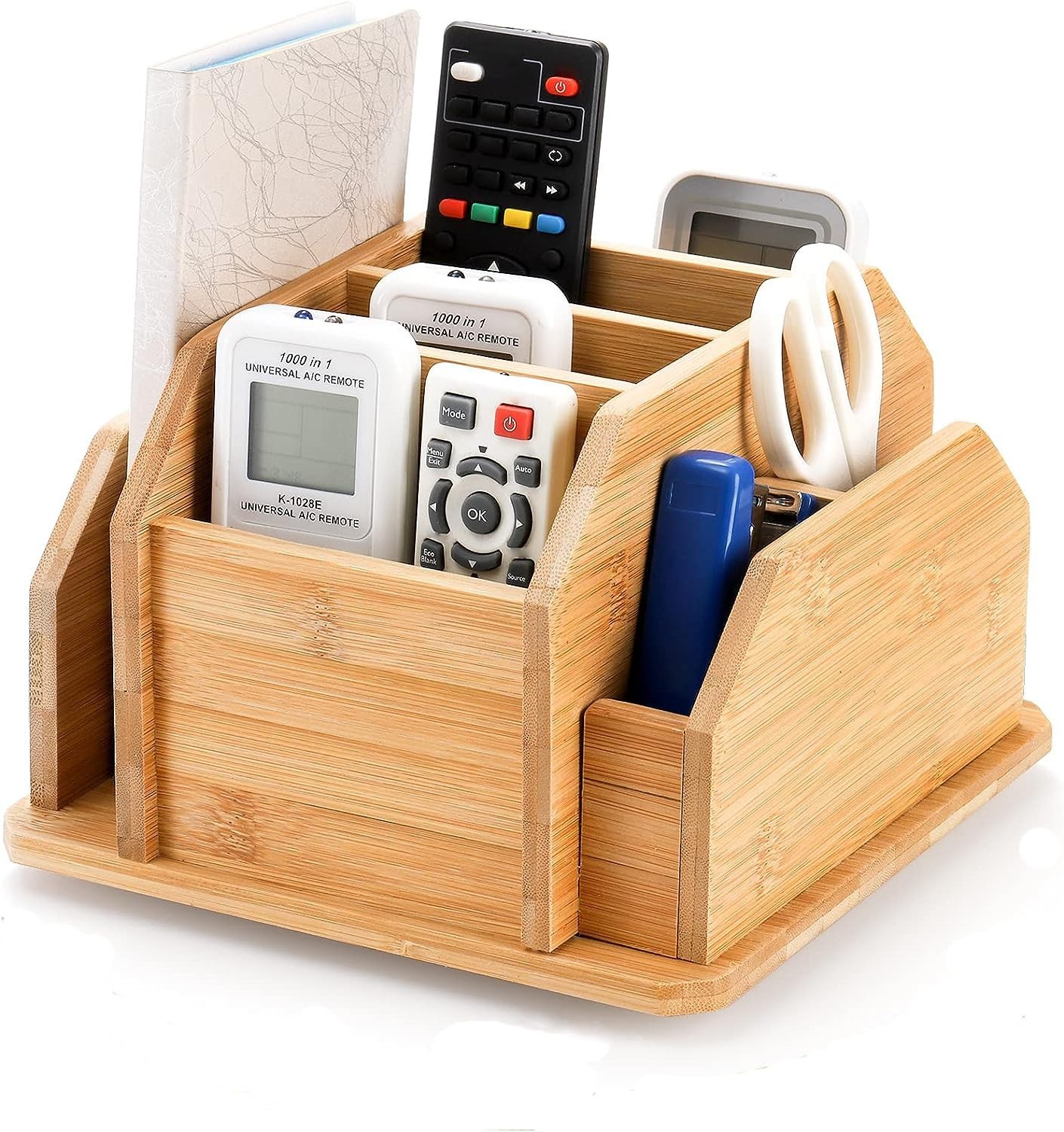 Bamboo Rotating Remote Control Holder for Table 7 Compartments Office Supplies