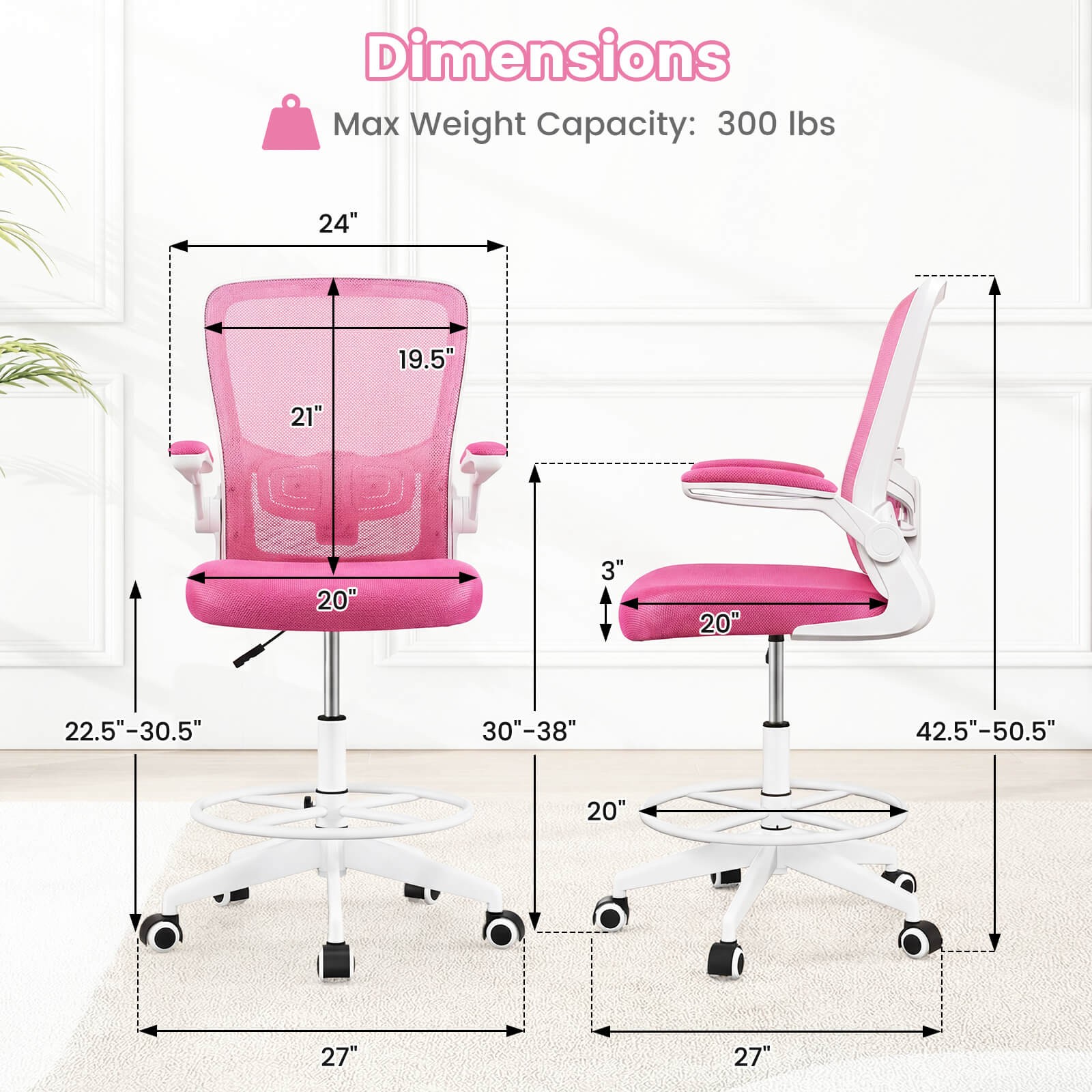 Home Office Drafting Chair w/Flip-Up Armrests Adjustable Footrest Ring for Study