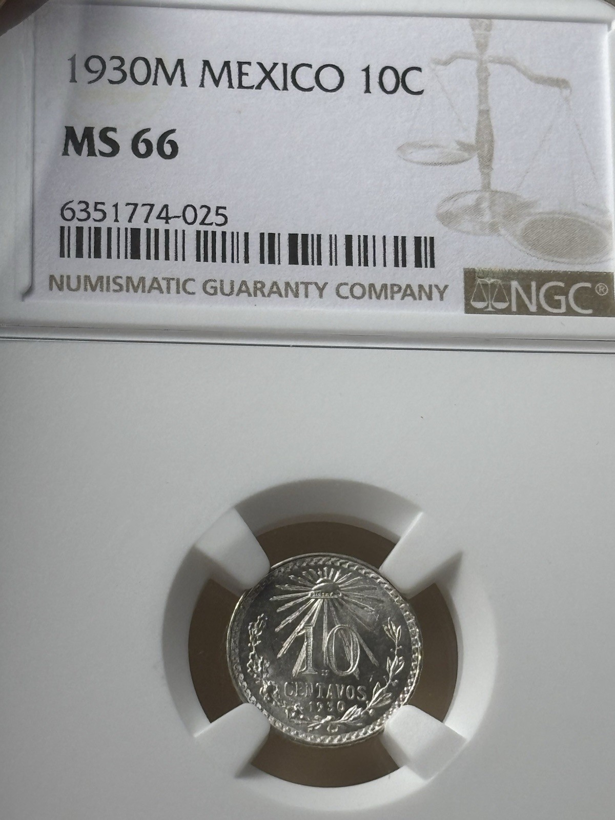 MEXICO ESTADOS UNIDOS 1930 10 CENTAVOS COIN NGC CERTIFIED GEM UNCIRCULATED MS66