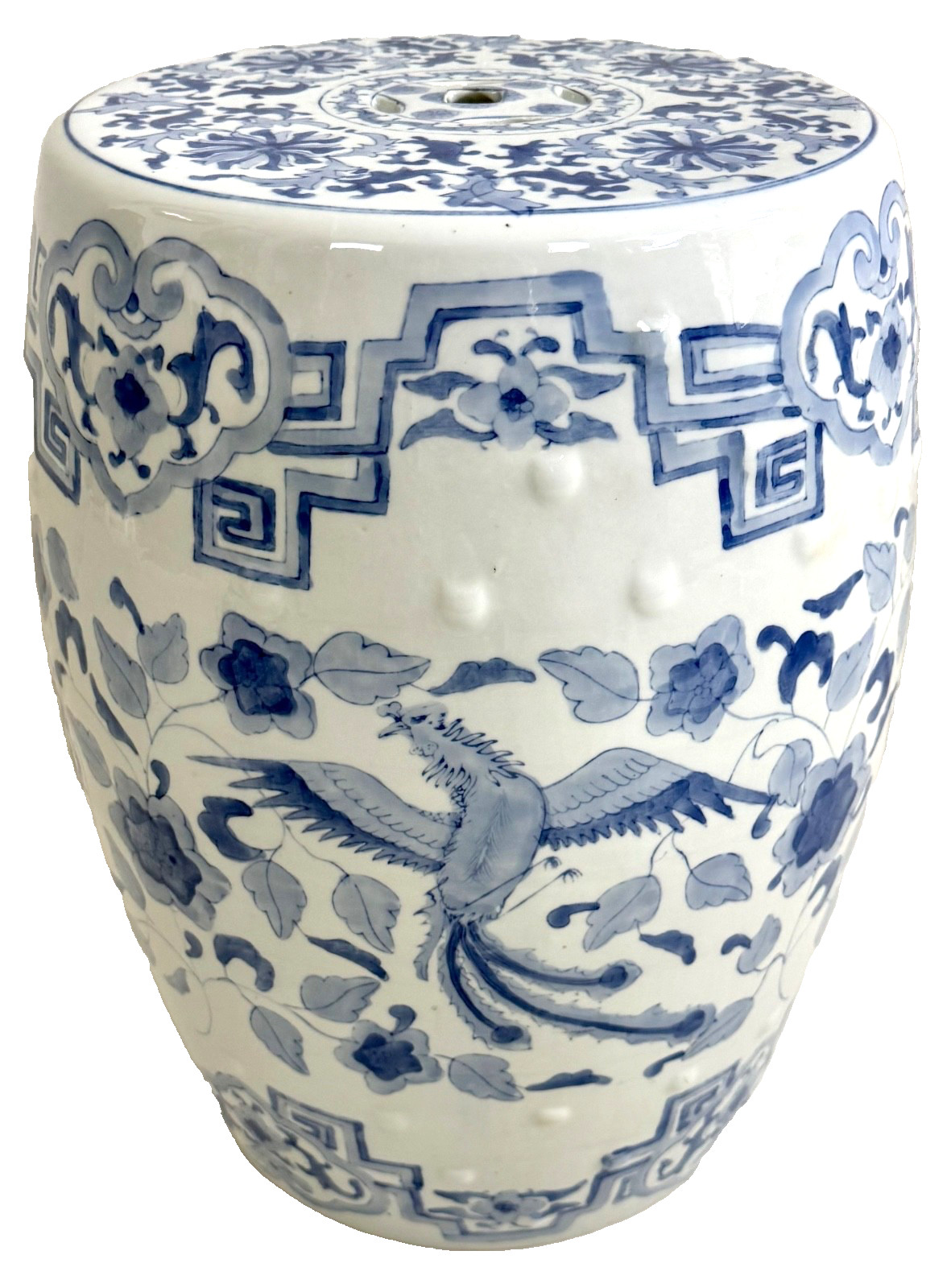 1970s Blue and White Heavy Porcelain Phoenix and Dragon Garden Seat Stool