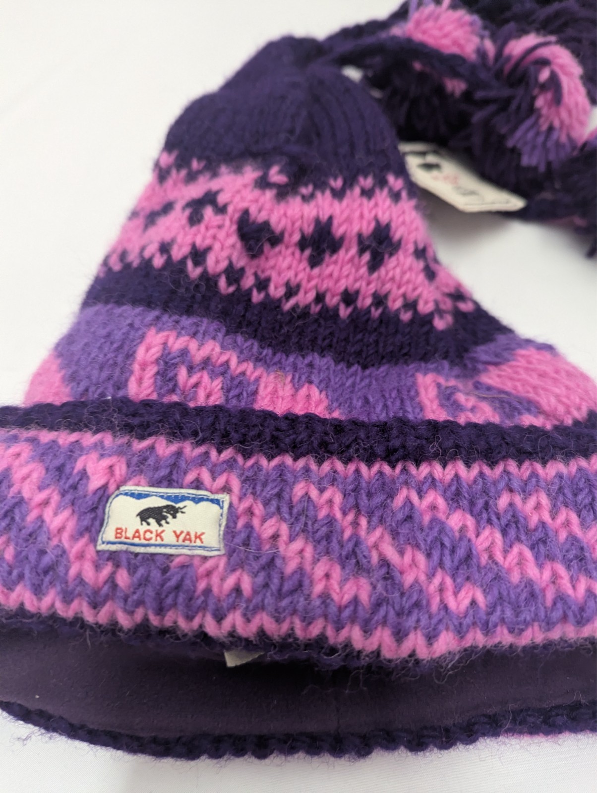 Black Yak Hat Pink Purple knitted Wool with pompom tassels