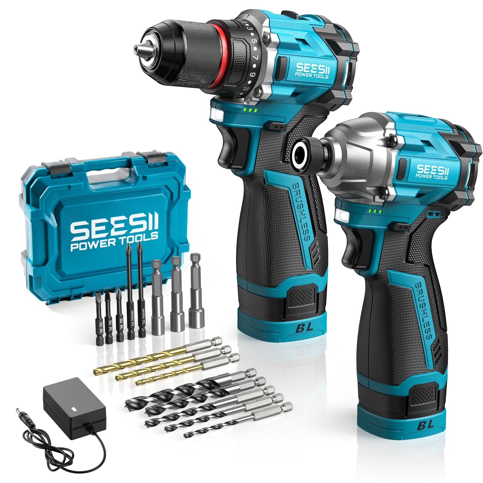 SEESII Cordless Drill Impact Driver 16.8V Brushless Power Tool Combo Blue