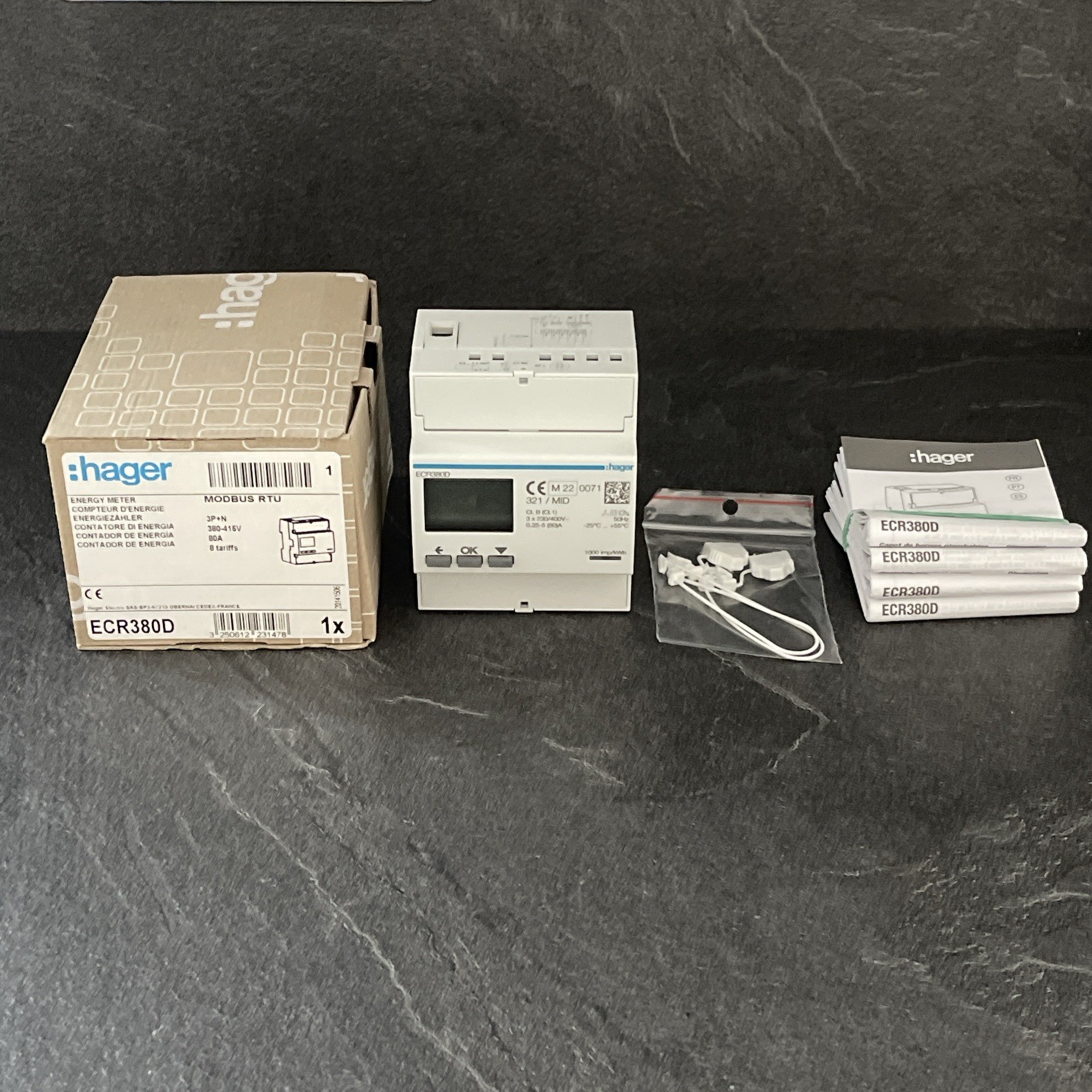 Hager ECR380D 3P + N Energy Meter MODBUS RTU 8 tariffs din rail for landlords