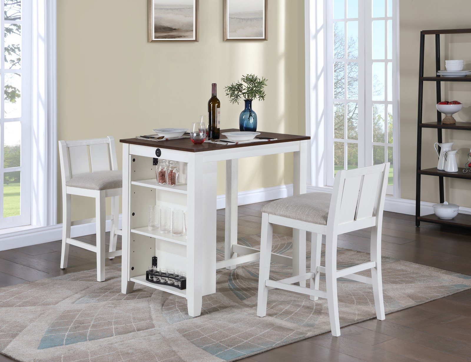 36" 3pcs Finish Small Space Counter Height Dining Table w/ Shelves & 2 Chairs